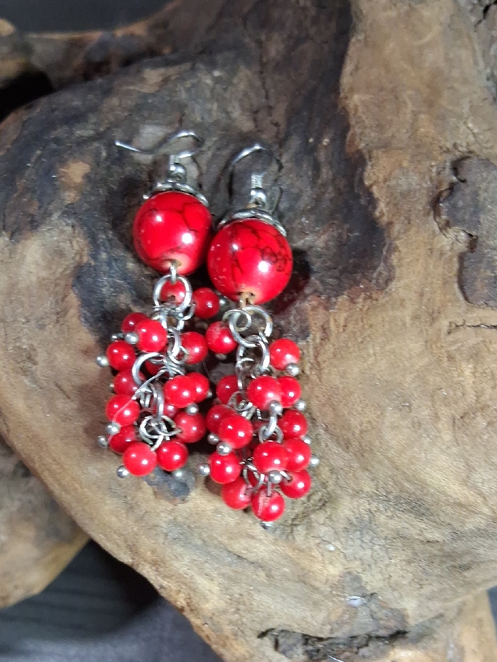 Red Beaded Cluster Dangle Earrings - Unbranded
